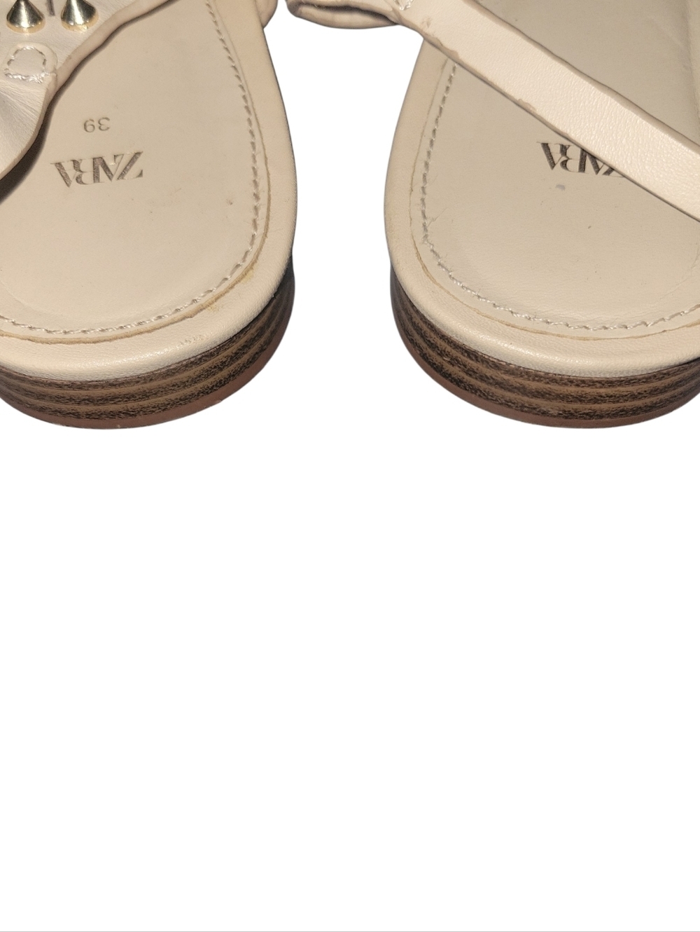 Zara Leather Women's Studded T-Strap Ankle Strap Thong Style Cream Sandals Sz 39 - Picture 6 of 8
